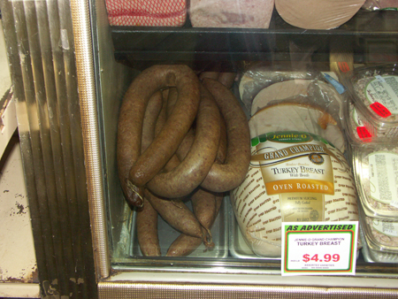 sausages in a deli case